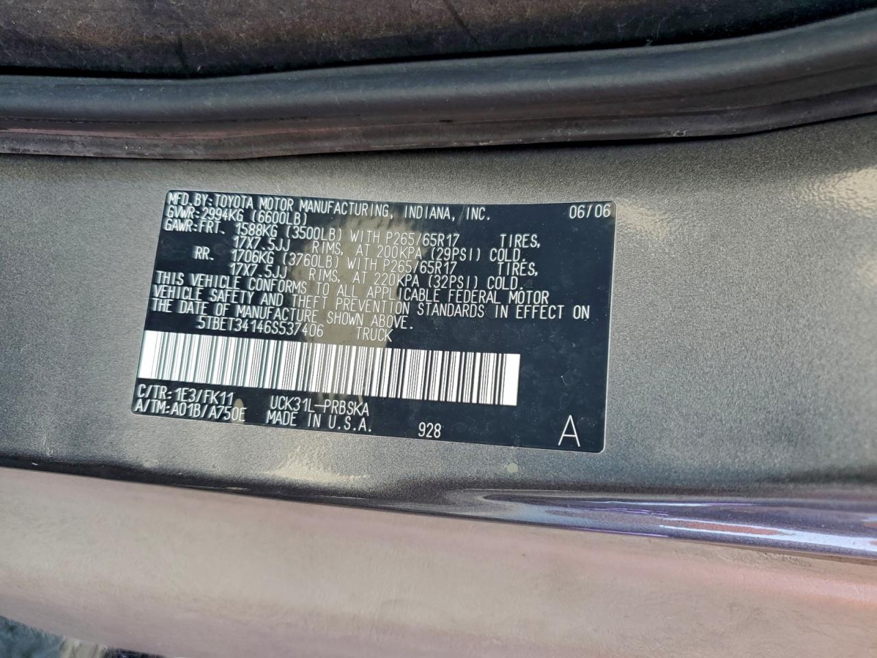 2006 Toyota Tundra Double Cab Sr5 VIN: 5TBET34146S537406 Lot: 94802515