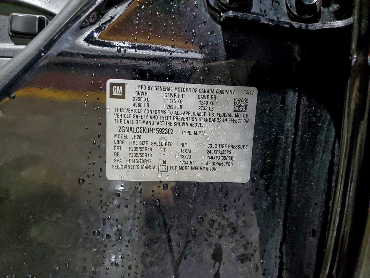 2017 Chevrolet Equinox Lt VIN: 2GNALCEK9H1592383 Lot: 95402185