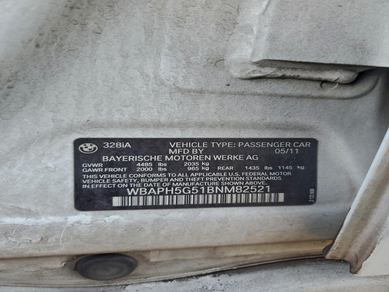 2011 BMW 328 I Sulev VIN: WBAPH5G51BNM82521 Lot: 93992315