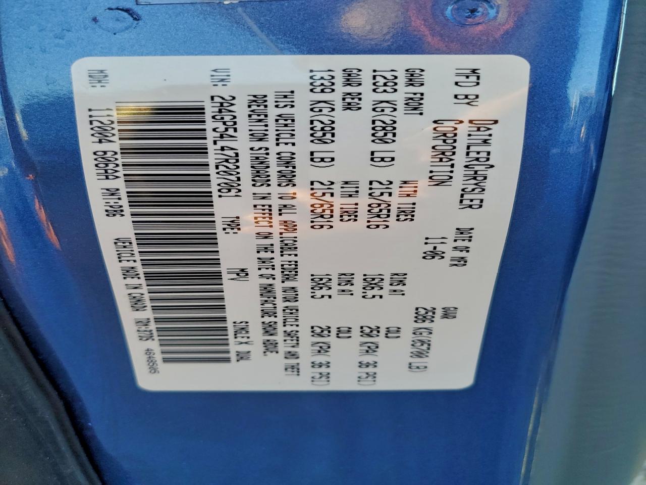 2007 Chrysler Town & Country Touring VIN: 2A4GP54L47R207061 Lot: 94336825