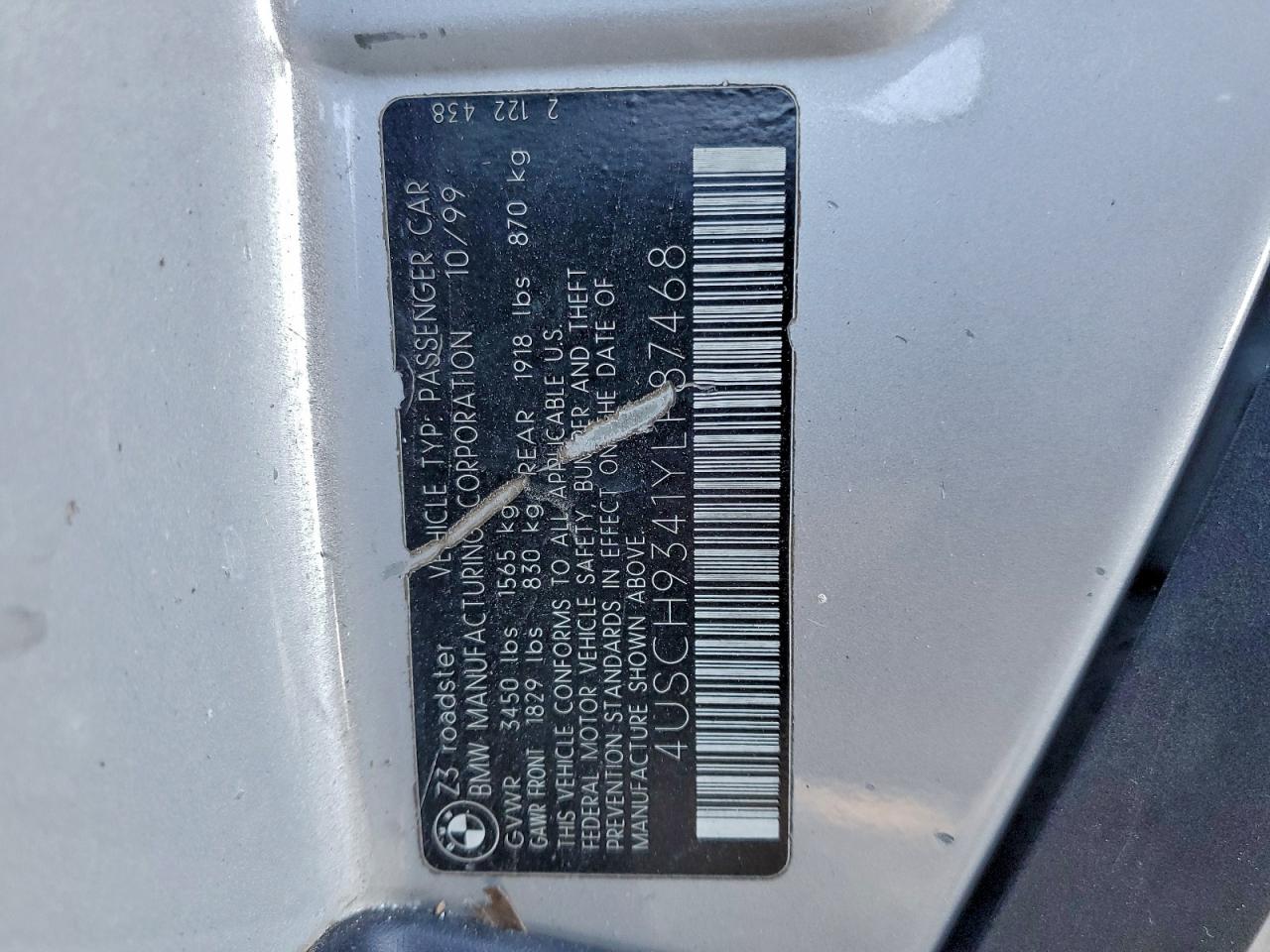 2000 BMW Z3 2.3 VIN: 4USCH9341YLF87468 Lot: 96378305