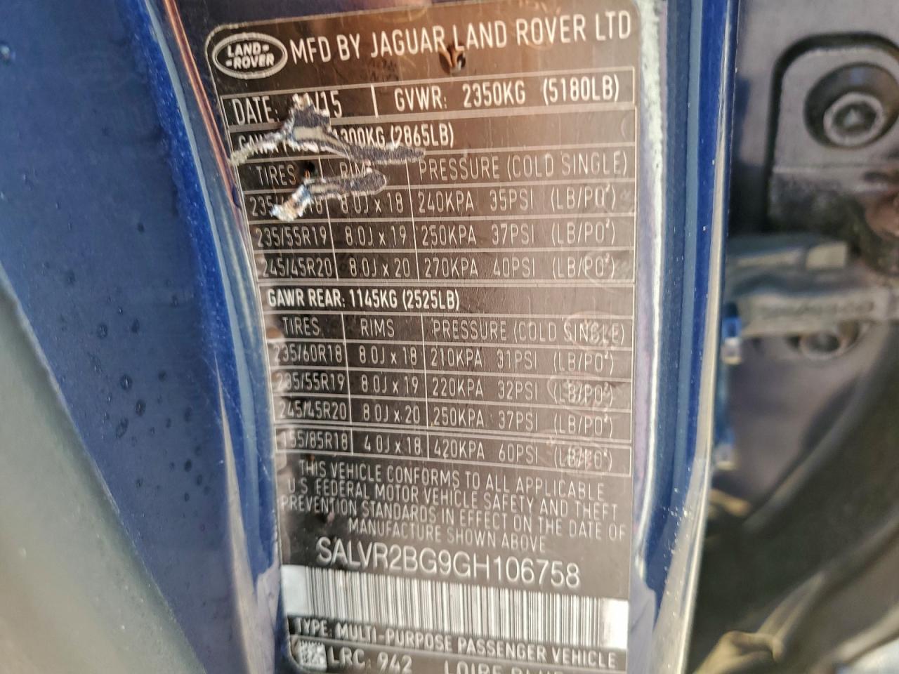 2016 Land Rover Range Rover Evoque Hse VIN: SALVR2BG9GH106758 Lot: 95112335