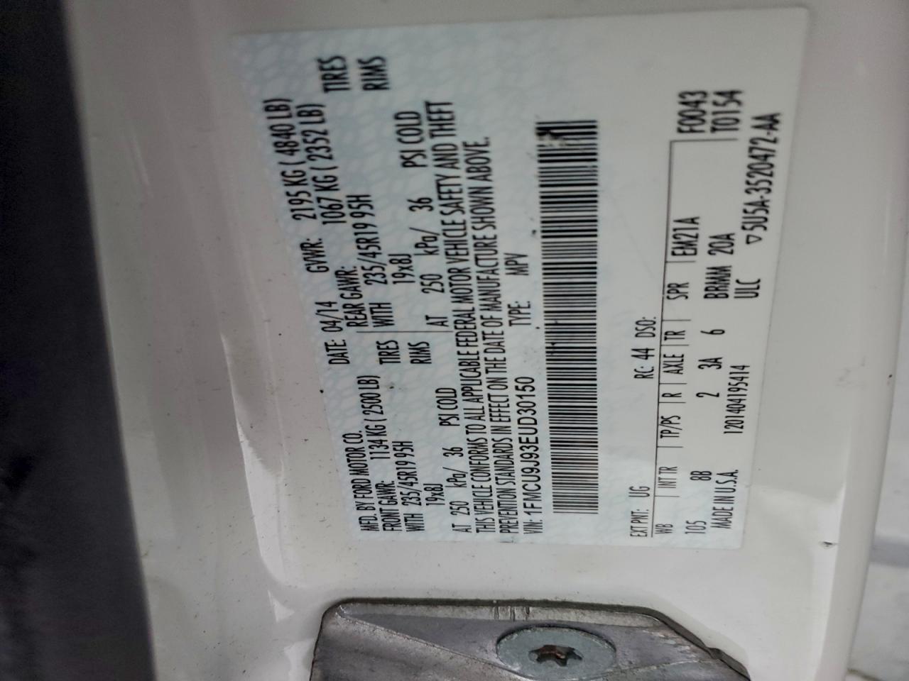 2014 Ford Escape Titanium VIN: 1FMCU9J93EUD30150 Lot: 96896905