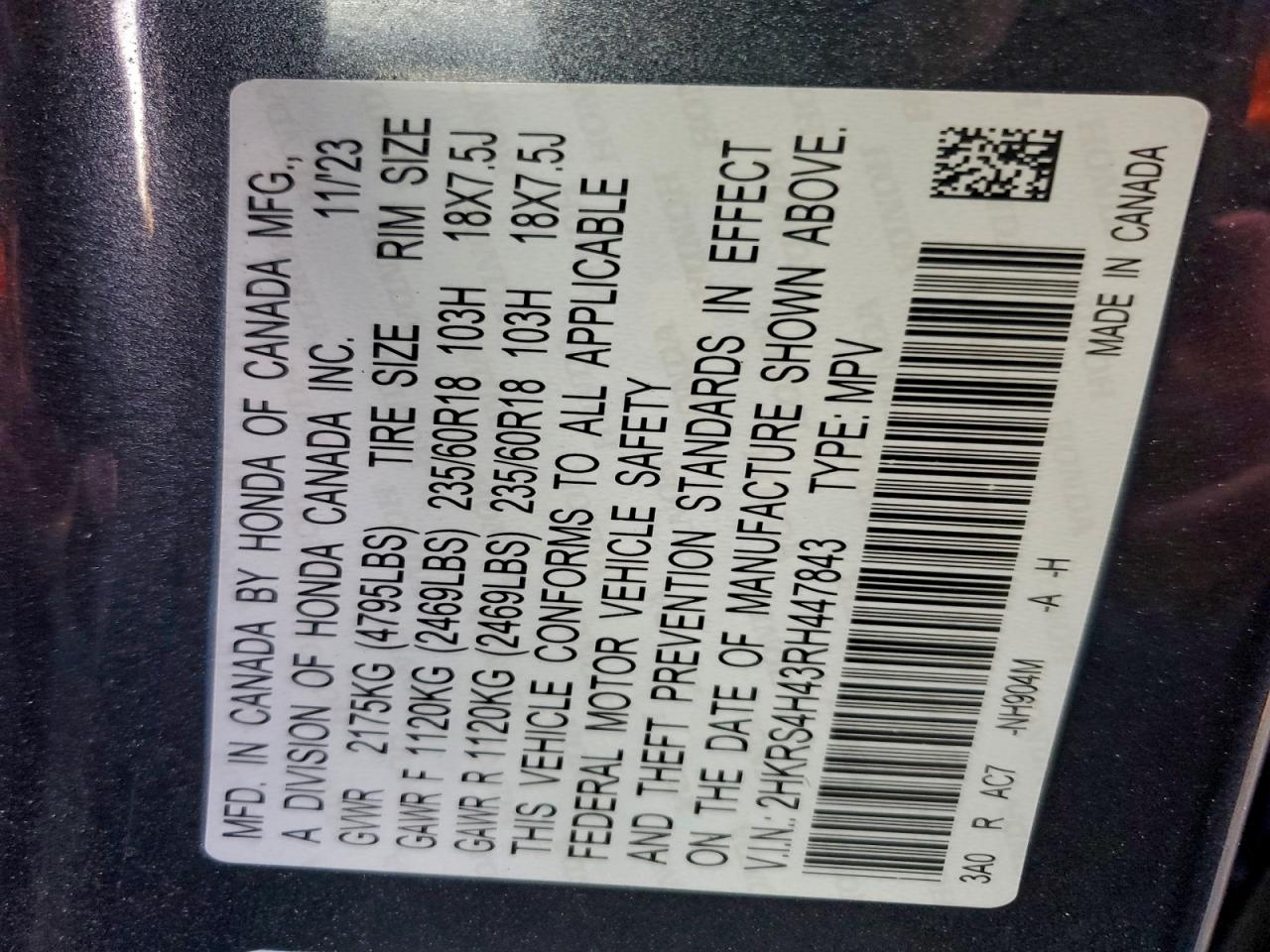 2024 Honda Cr-V Ex VIN: 2HKRS4H43RH447843 Lot: 94805455