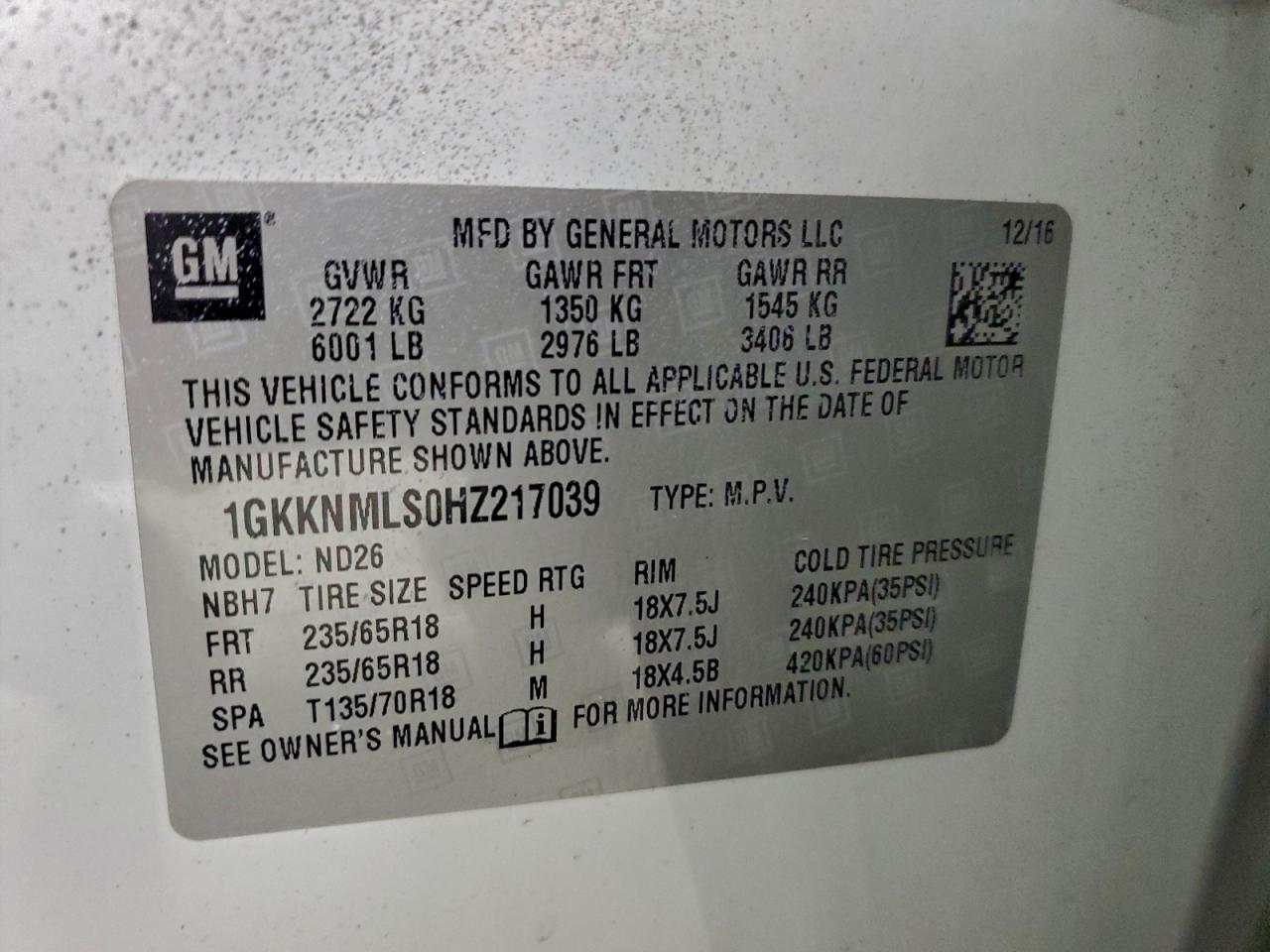 2017 GMC Acadia Slt-1 VIN: 1GKKNMLS0HZ217039 Lot: 95920375