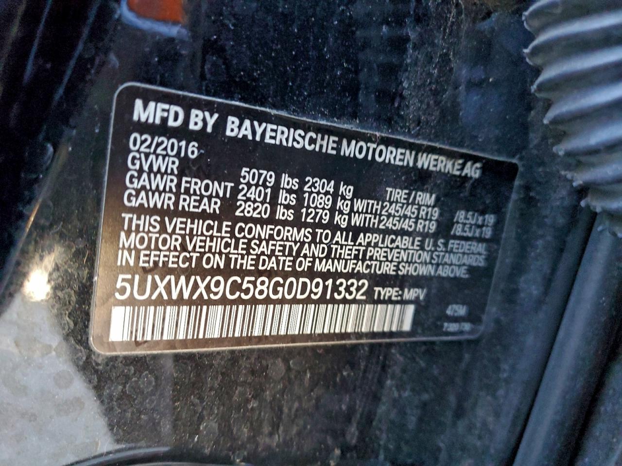 2016 BMW X3 xDrive28I VIN: 5UXWX9C58G0D91332 Lot: 96011285