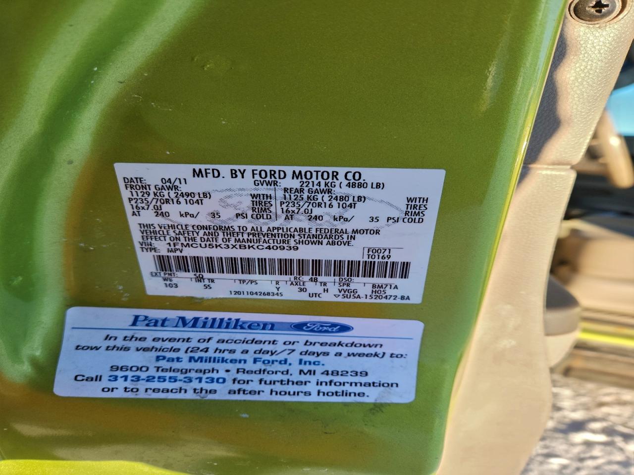 2011 Ford Escape Hybrid VIN: 1FMCU5K3XBKC40939 Lot: 95213135