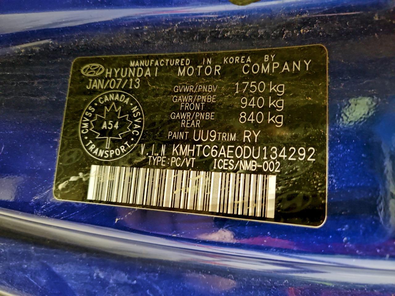 2013 Hyundai Veloster Turbo VIN: KMHTC6AE0DU134292 Lot: 96669115