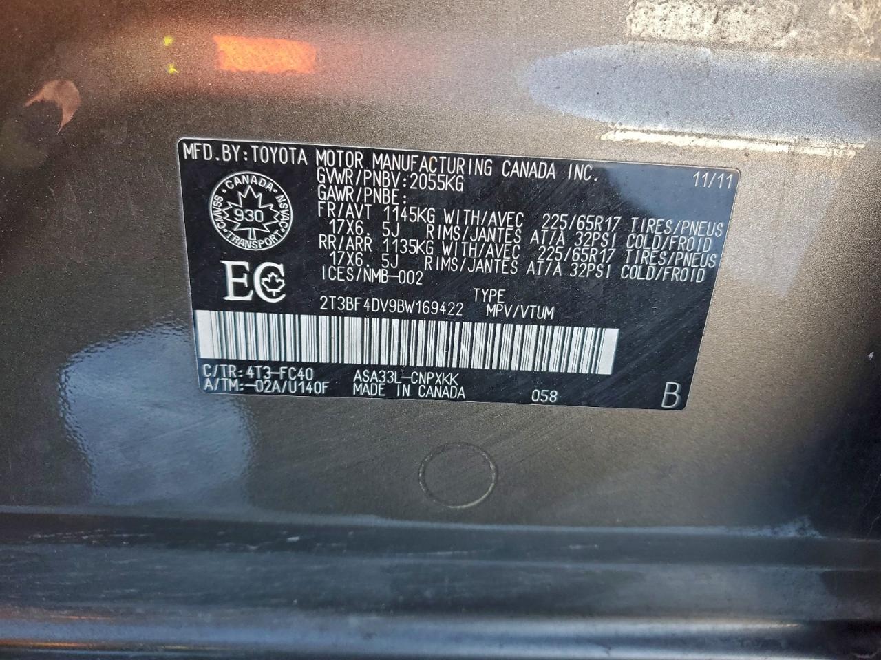 2011 Toyota Rav4 VIN: 2T3BF4DV9BW169422 Lot: 95931775