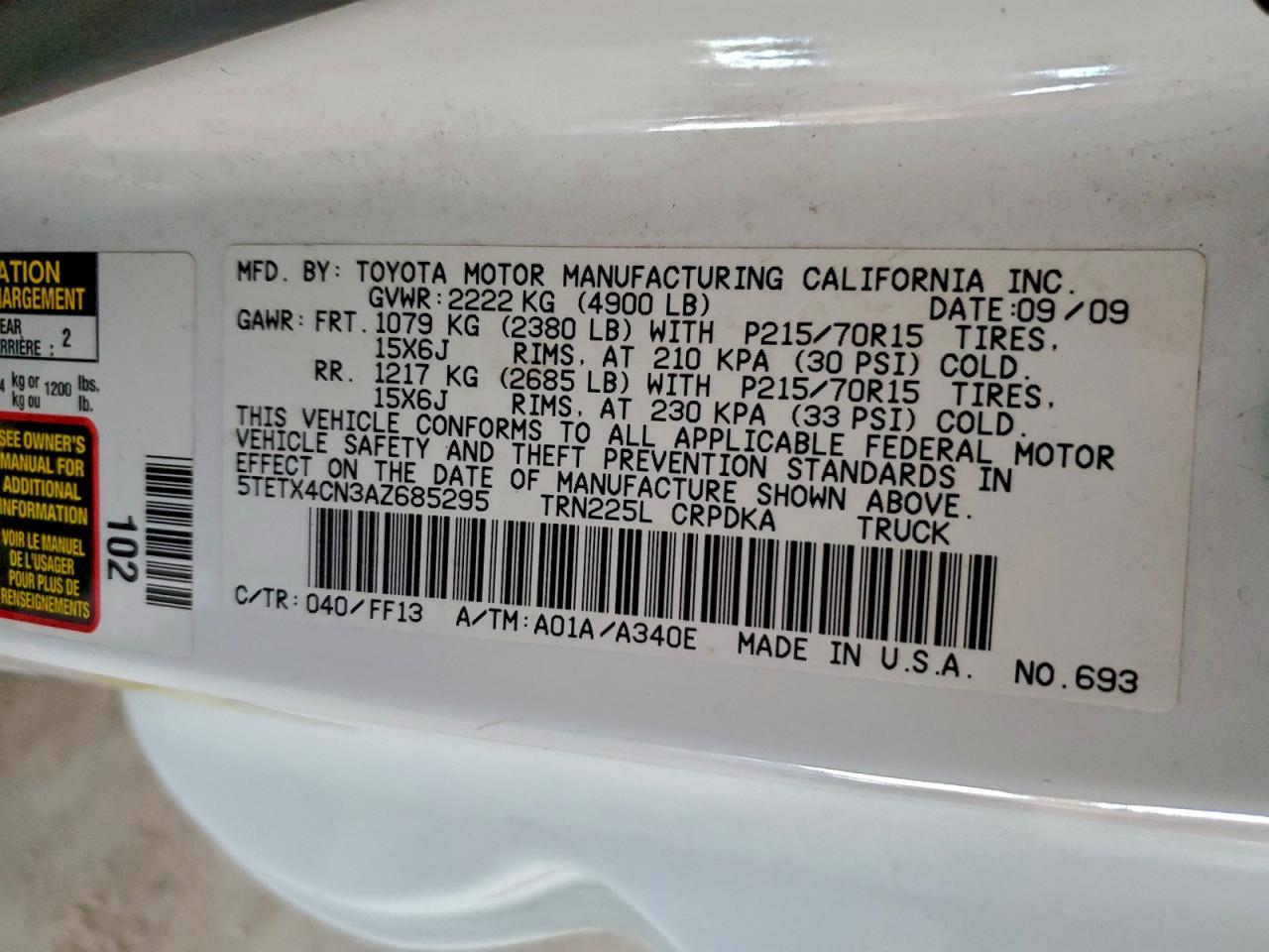 2010 Toyota Tacoma Access Cab VIN: 5TETX4CN3AZ685295 Lot: 94759555