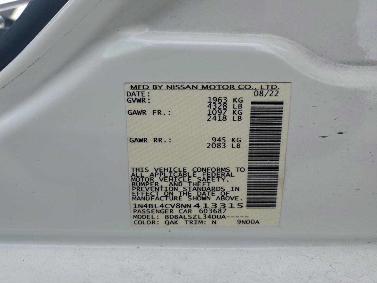 2022 Nissan Altima Sr VIN: 1N4BL4CV8NN413315 Lot: 95983555