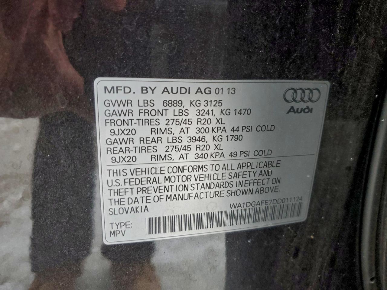 2013 Audi Q7 Prestige VIN: WA1DGAFE7DD011124 Lot: 95308505