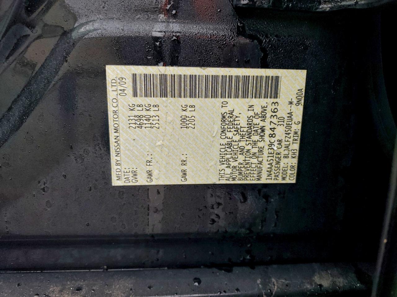 2009 Nissan Maxima S VIN: 1N4AA51E39C847363 Lot: 95402475