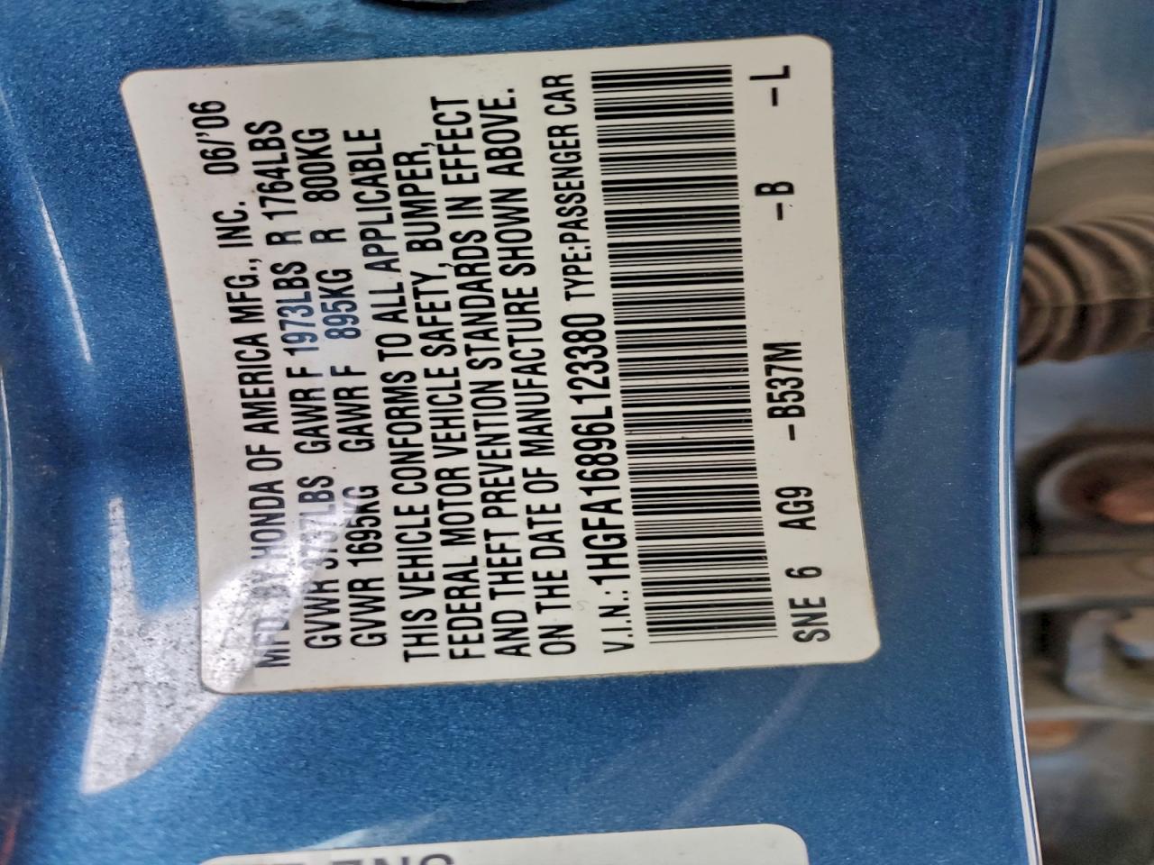 2006 Honda Civic Ex VIN: 1HGFA16896L123380 Lot: 94860975