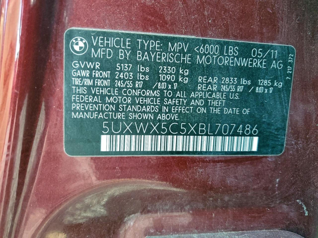 2011 BMW X3 xDrive28I VIN: 5UXWX5C5XBL707486 Lot: 95235375