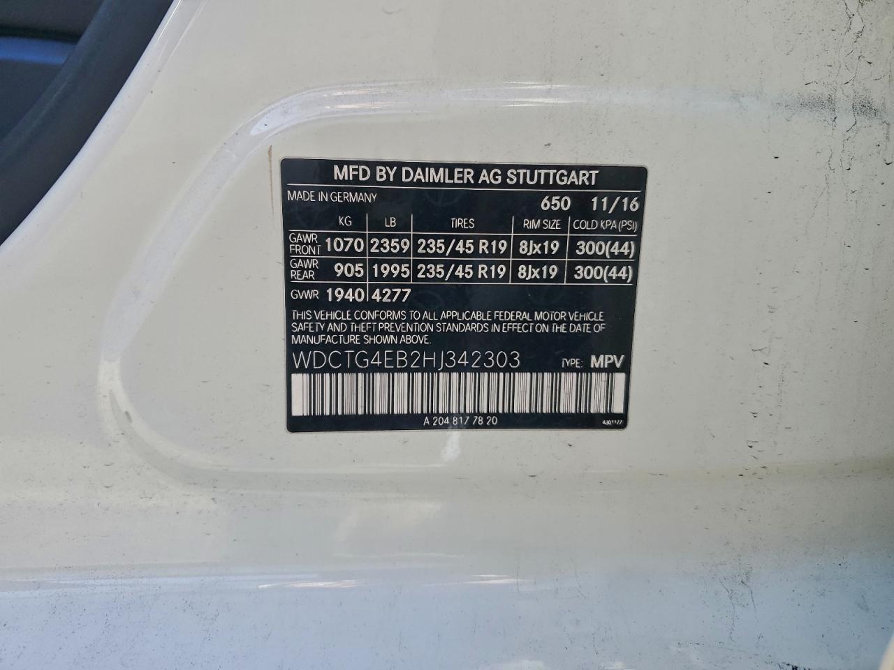 2017 Mercedes-Benz Gla 250 VIN: WDCTG4EB2HJ342303 Lot: 94794065