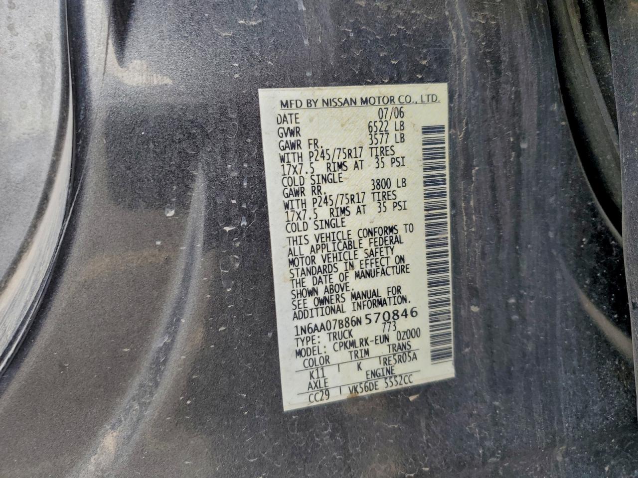 2006 Nissan Titan Xe VIN: 1N6AA07B86N570846 Lot: 95068905