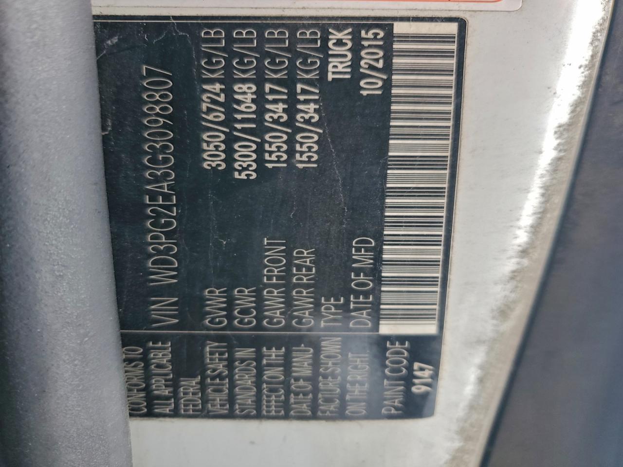 2016 Mercedes-Benz Metris VIN: WD3PG2EA3G3098807 Lot: 94302445