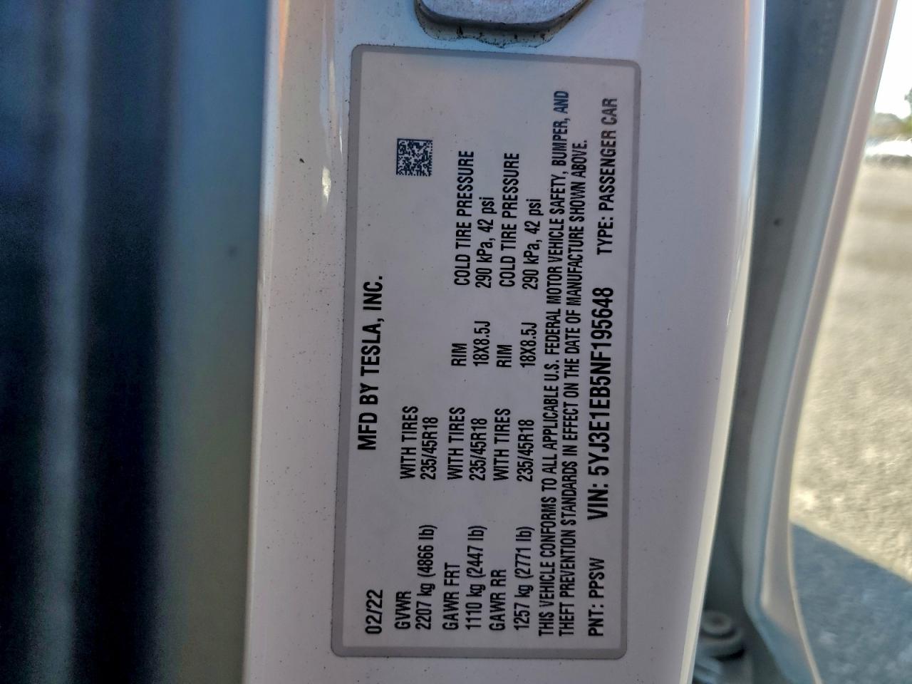 2022 Tesla Model 3 VIN: 5YJ3E1EB5NF195648 Lot: 94810545