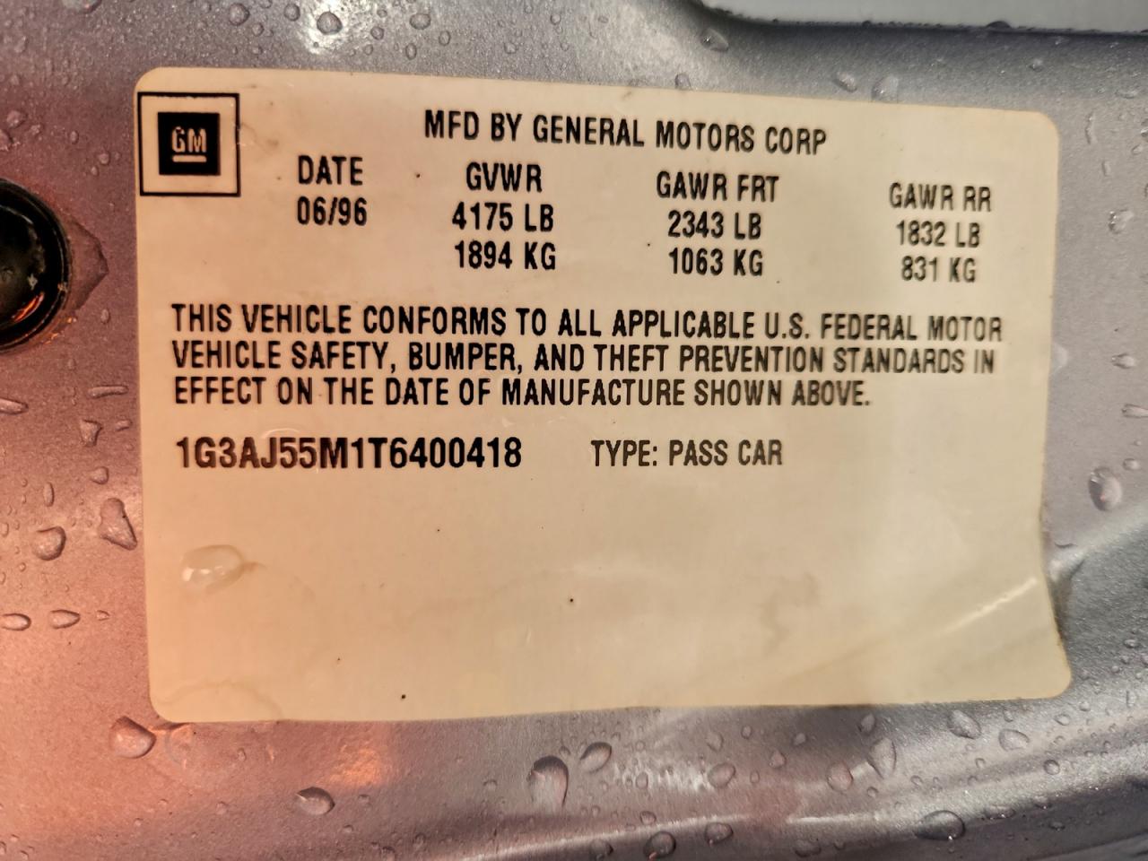 1996 Oldsmobile Ciera Sl VIN: 1G3AJ55M1T6400418 Lot: 94897665