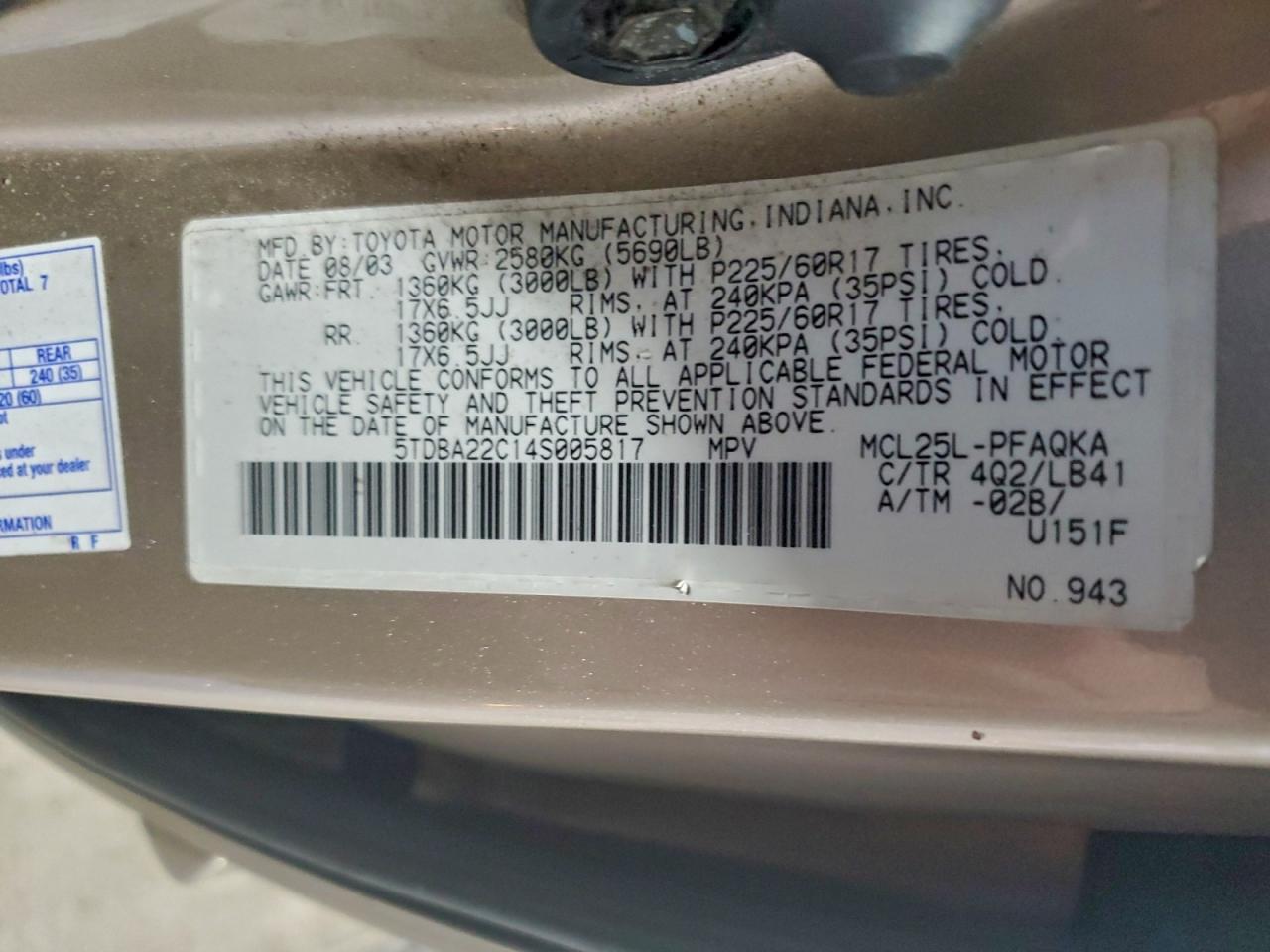 2004 Toyota Sienna Xle VIN: 5TDBA22C14S005817 Lot: 94237495