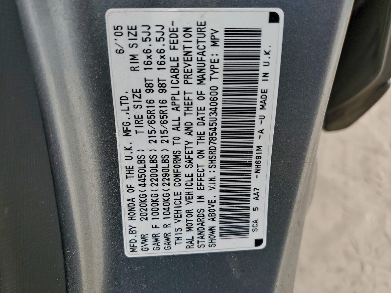 2005 Honda Cr-V Lx VIN: SHSRD78545U340600 Lot: 94693555