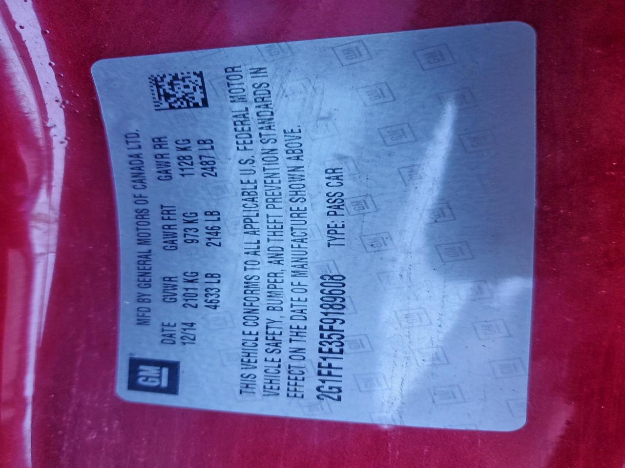 2015 Chevrolet Camaro Lt VIN: 2G1FF1E35F9189608 Lot: 94807855