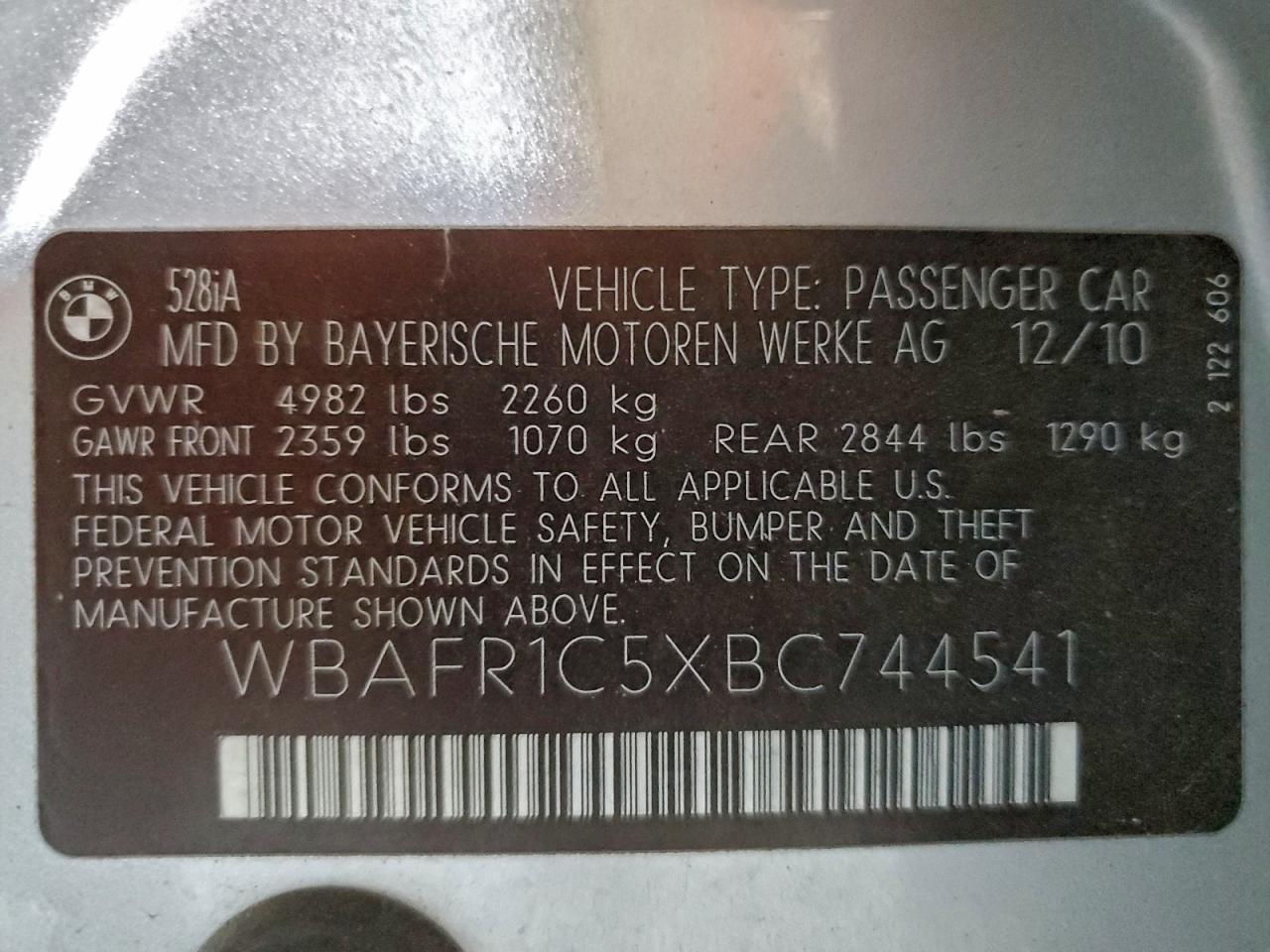 2011 BMW 528 I VIN: WBAFR1C5XBC744541 Lot: 95325395