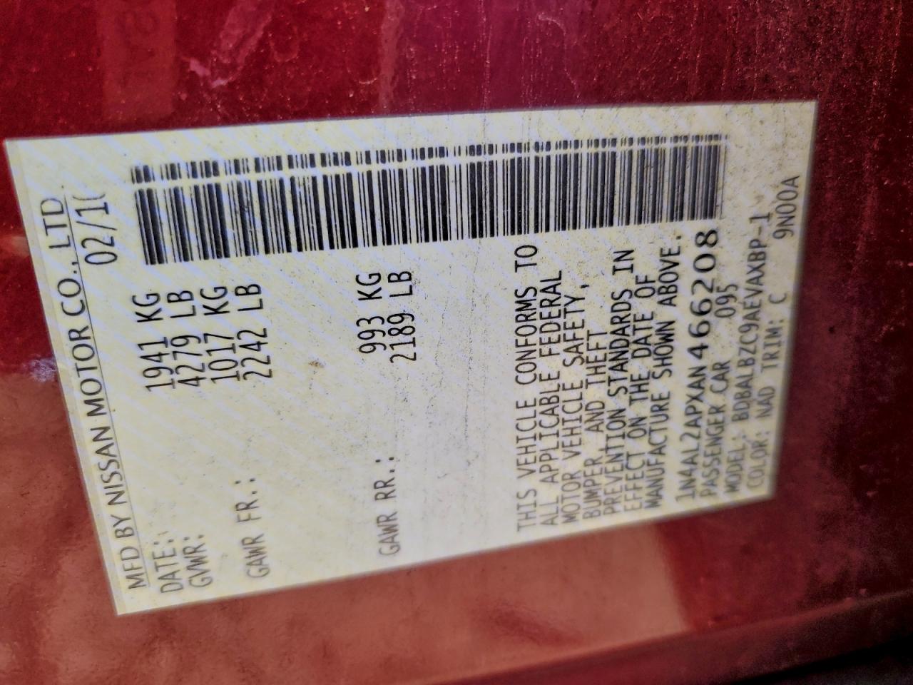 2010 Nissan Altima Base VIN: 1N4AL2APXAN466208 Lot: 96098235