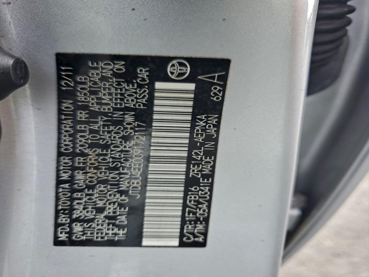 2012 Toyota Corolla Base VIN: JTDBU4EE0C9172117 Lot: 96338675