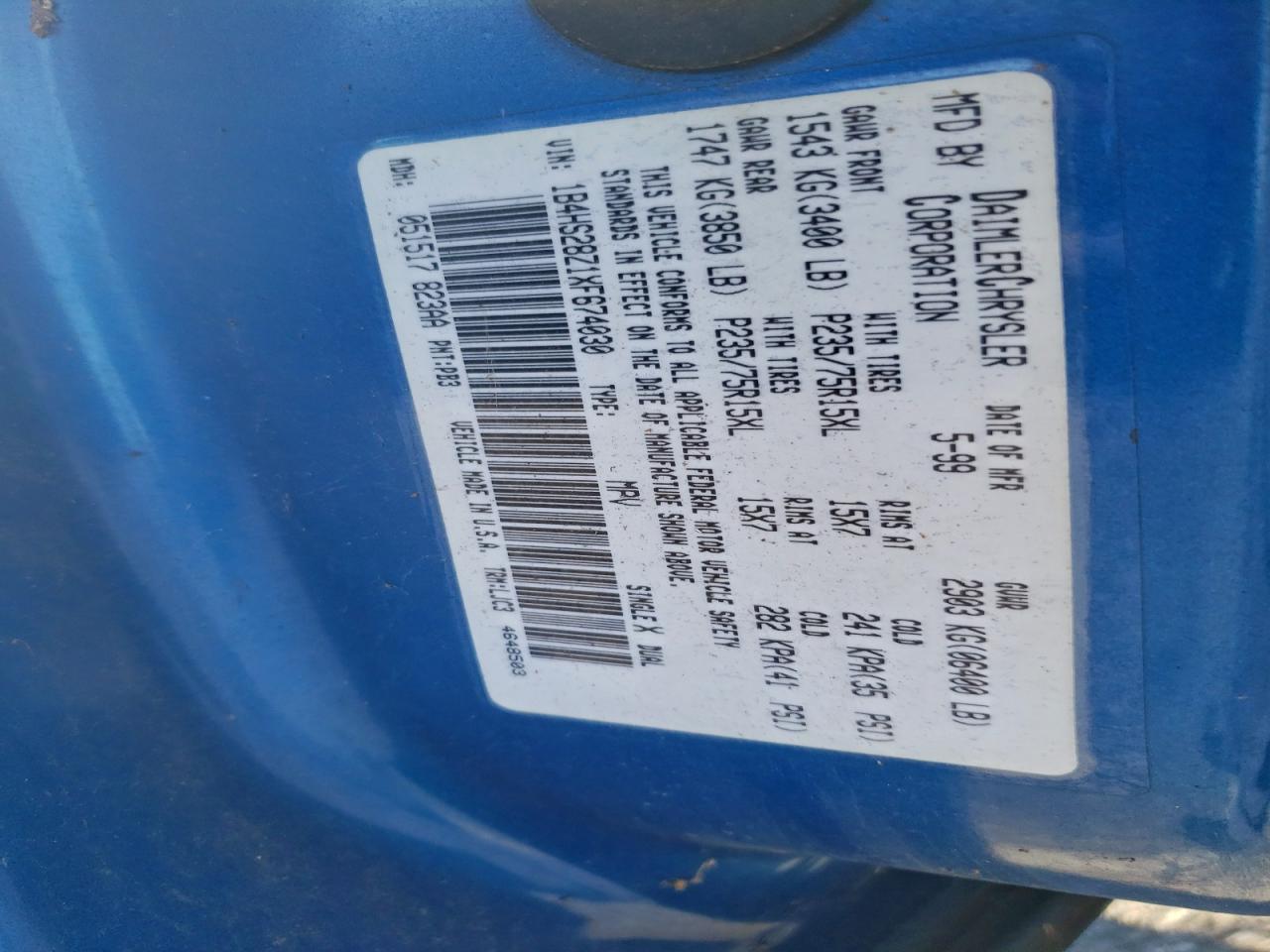 1999 Dodge Durango VIN: 1B4HS28Z1XF674030 Lot: 95306355