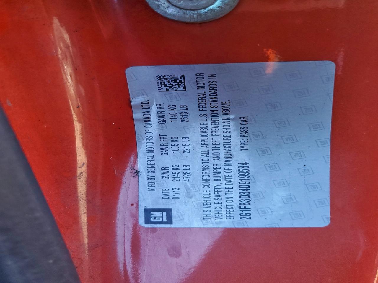 2013 Chevrolet Camaro Lt VIN: 2G1FB3D34D9199584 Lot: 95437445