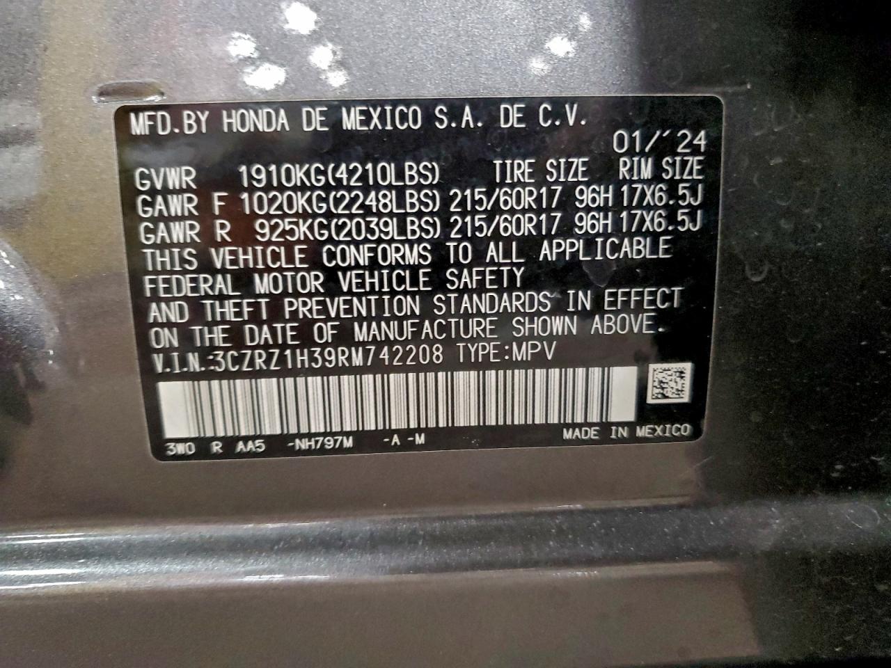 2024 Honda Hr-V Lx VIN: 3CZRZ1H39RM742208 Lot: 95183575