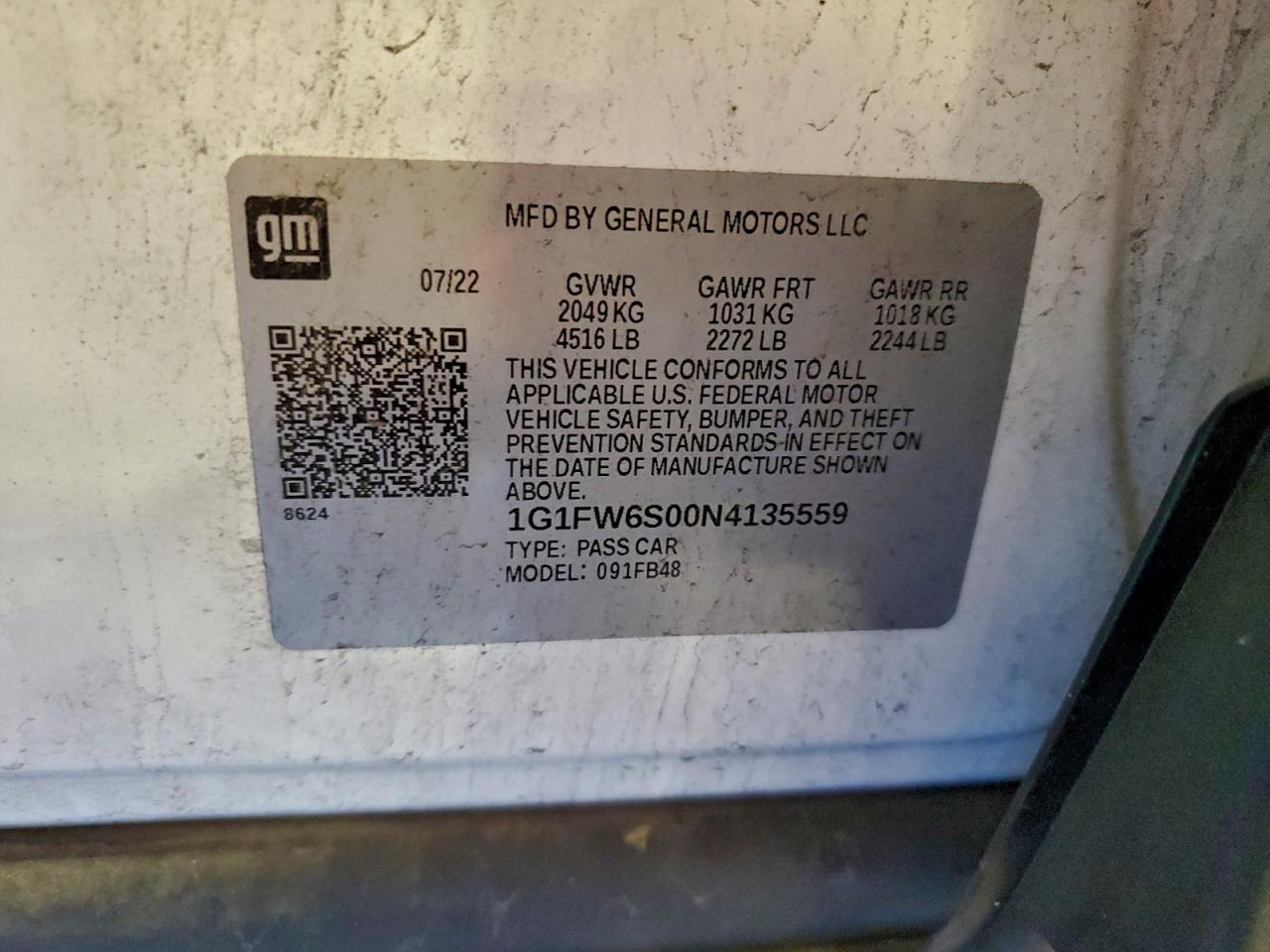 2022 Chevrolet Bolt Ev 1Lt VIN: 1G1FW6S00N4135559 Lot: 95418885