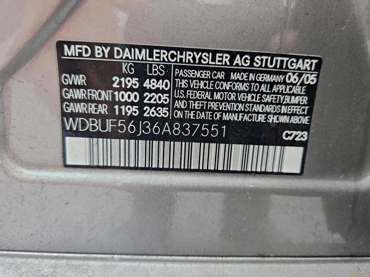 2006 Mercedes-Benz E 350 VIN: WDBUF56J36A837551 Lot: 95426035