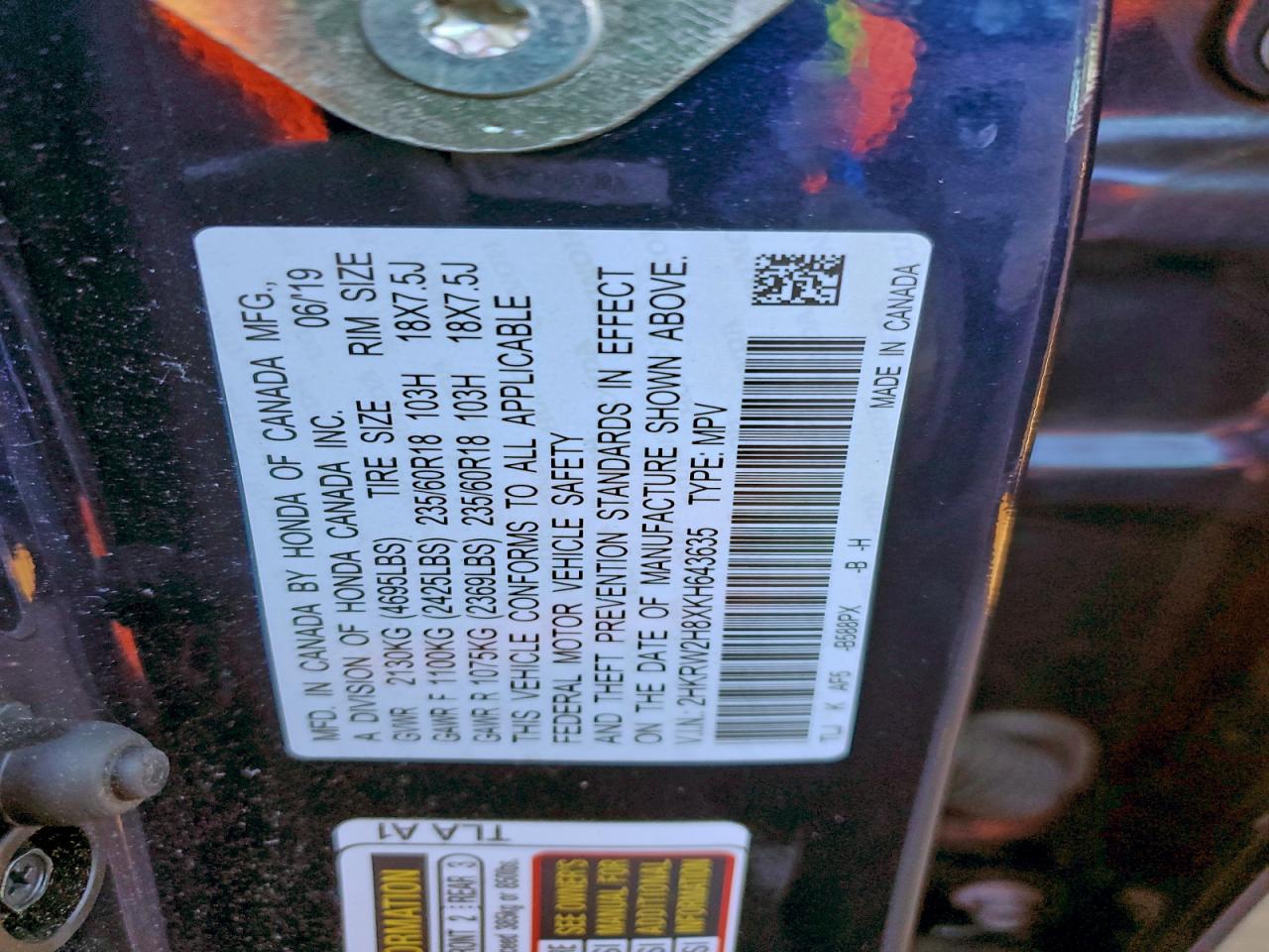 2019 Honda Cr-V Exl VIN: 2HKRW2H8XKH643635 Lot: 94813945