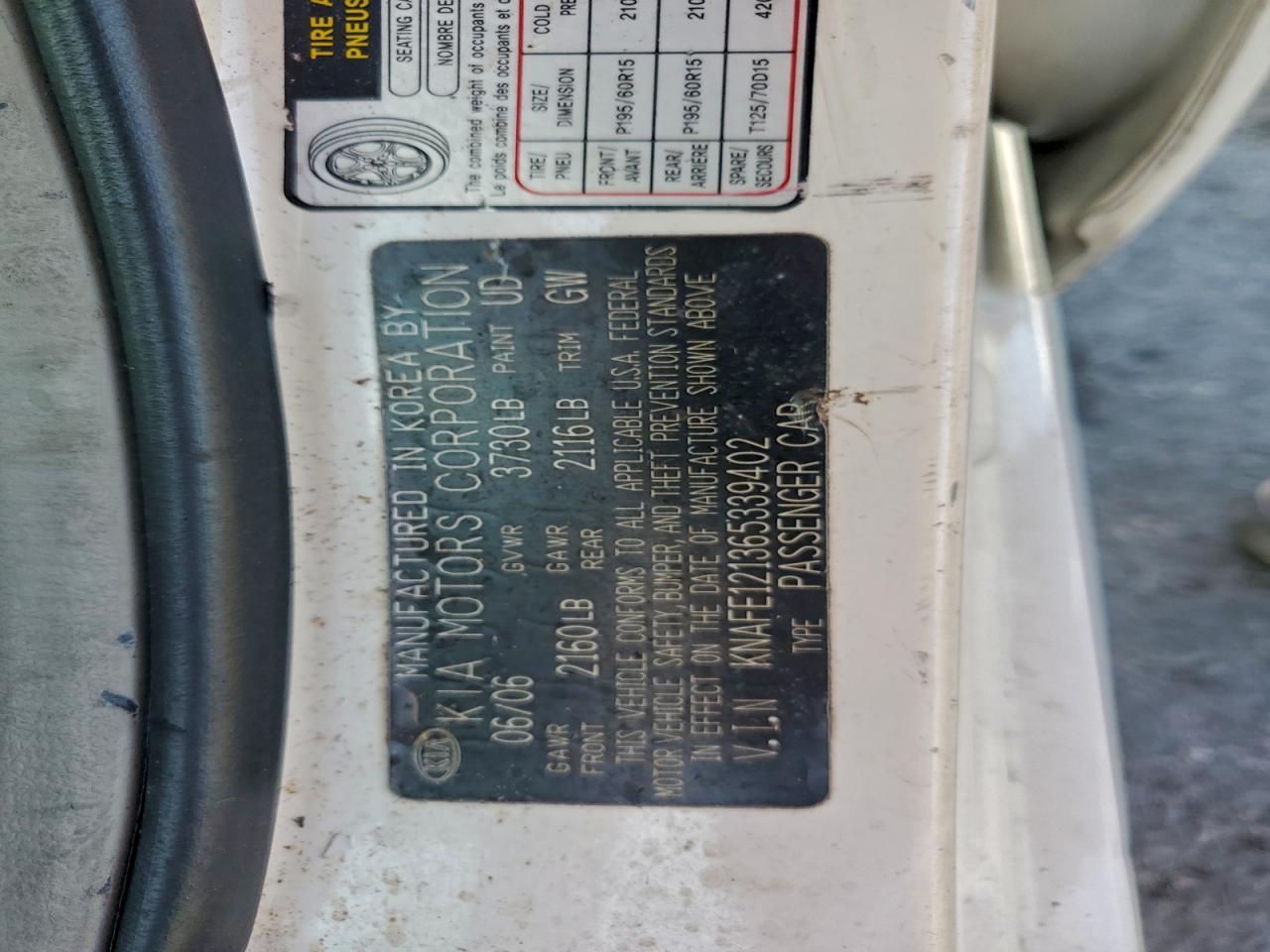 2006 Kia Spectra Lx VIN: KNAFE121365339402 Lot: 95479675