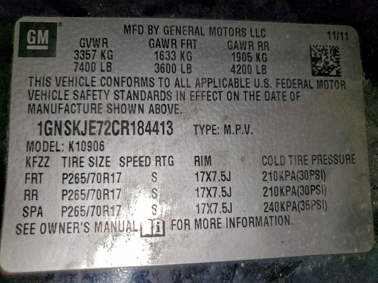 2012 Chevrolet Suburban K1500 Lt VIN: 1GNSKJE72CR184413 Lot: 97208045