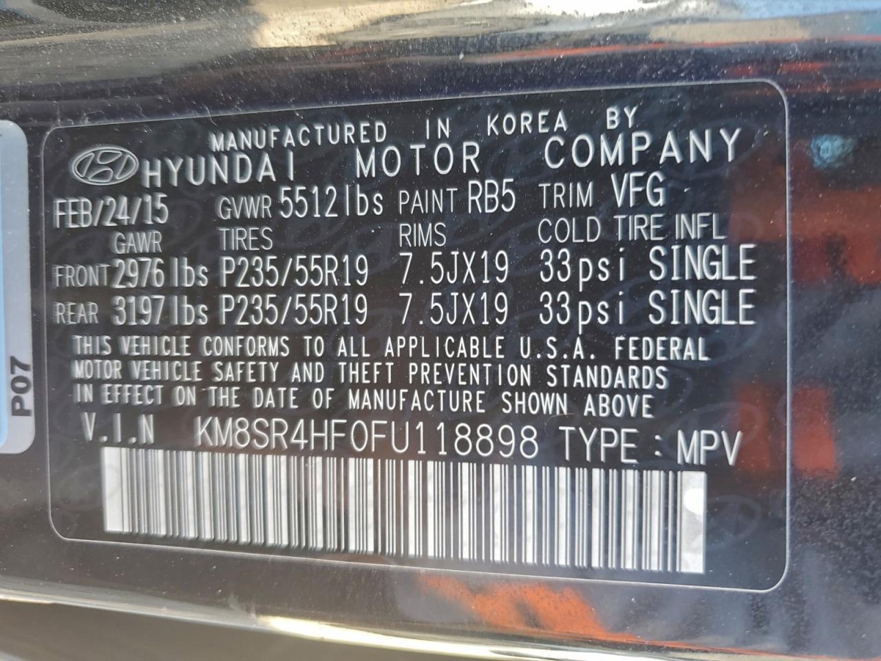 2015 Hyundai Santa Fe Gls VIN: KM8SR4HF0FU118898 Lot: 96781295