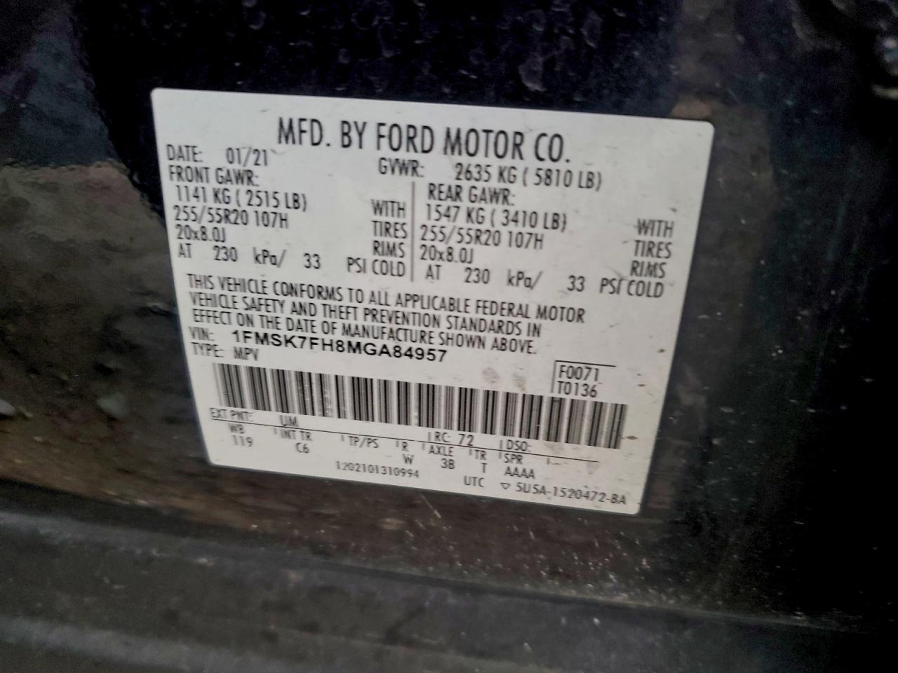 2021 Ford Explorer Limited VIN: 1FMSK7FH8MGA84957 Lot: 95410965