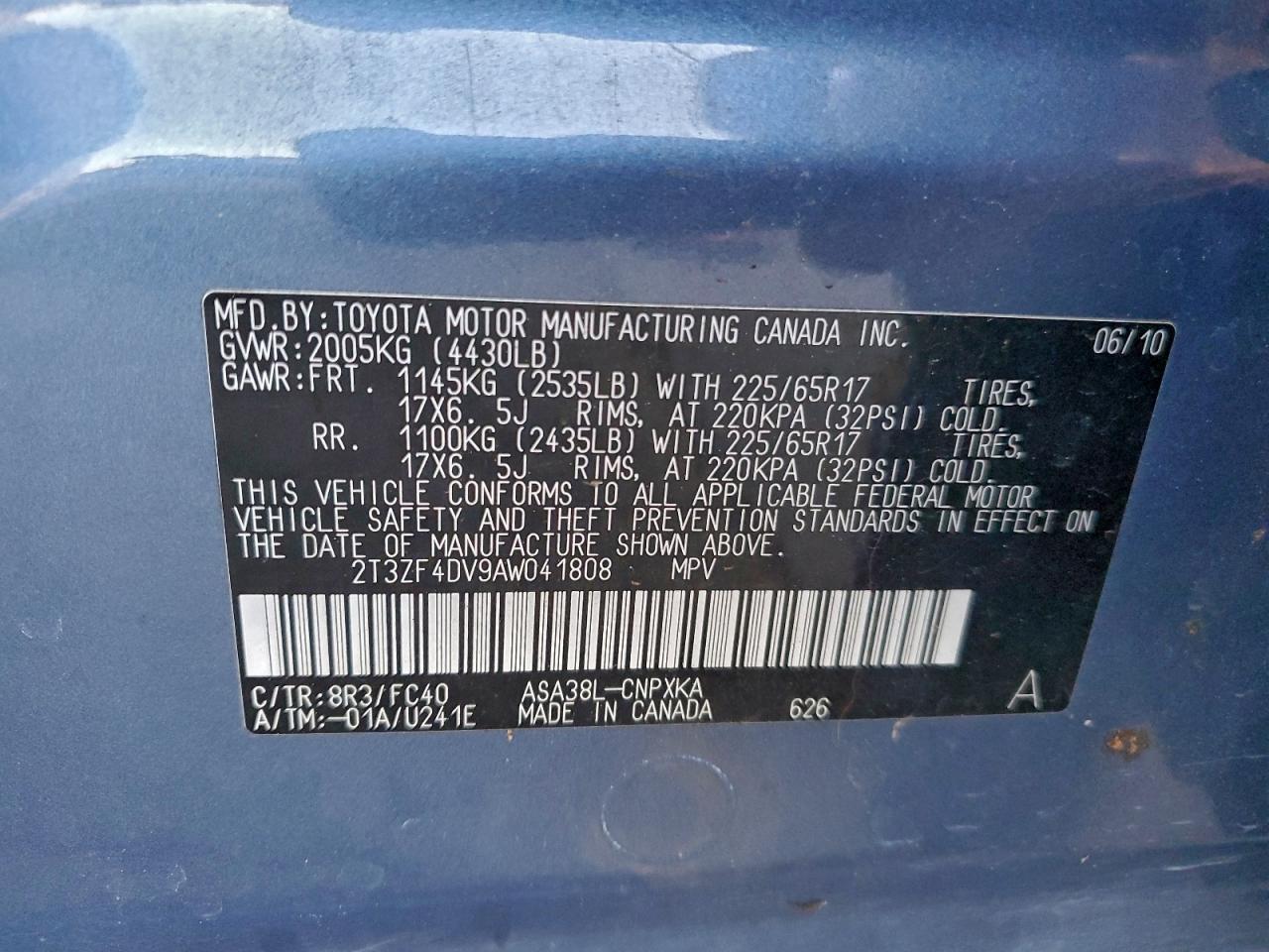 2010 Toyota Rav4 VIN: 2T3ZF4DV9AW041808 Lot: 94800285