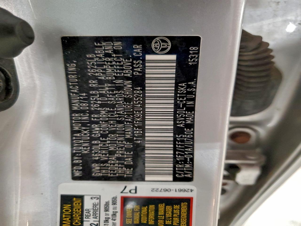 2014 Toyota Camry L VIN: 4T1BF1FK9EU455284 Lot: 95708685