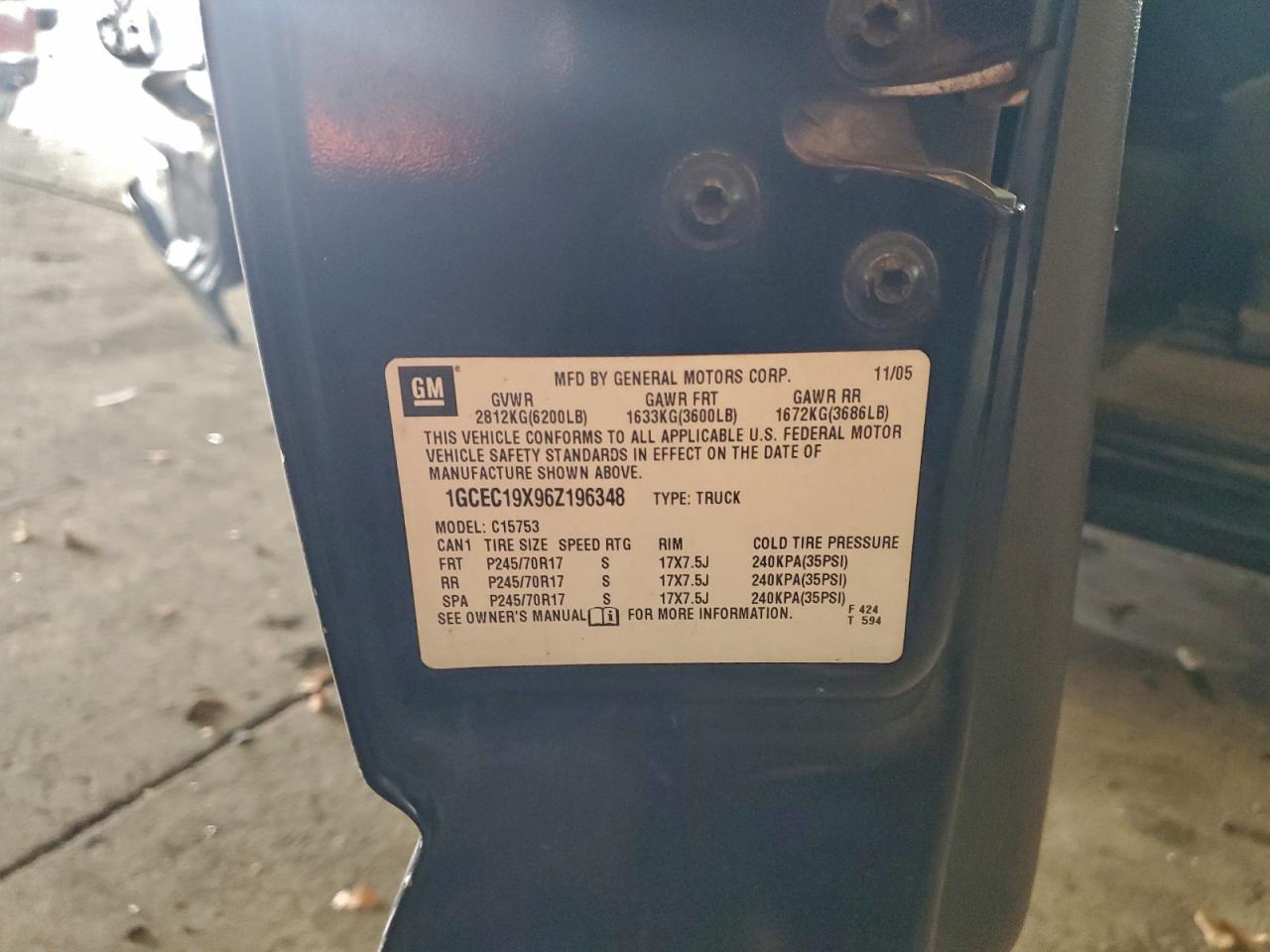 2006 Chevrolet Silverado C1500 VIN: 1GCEC19X96Z196348 Lot: 96203795