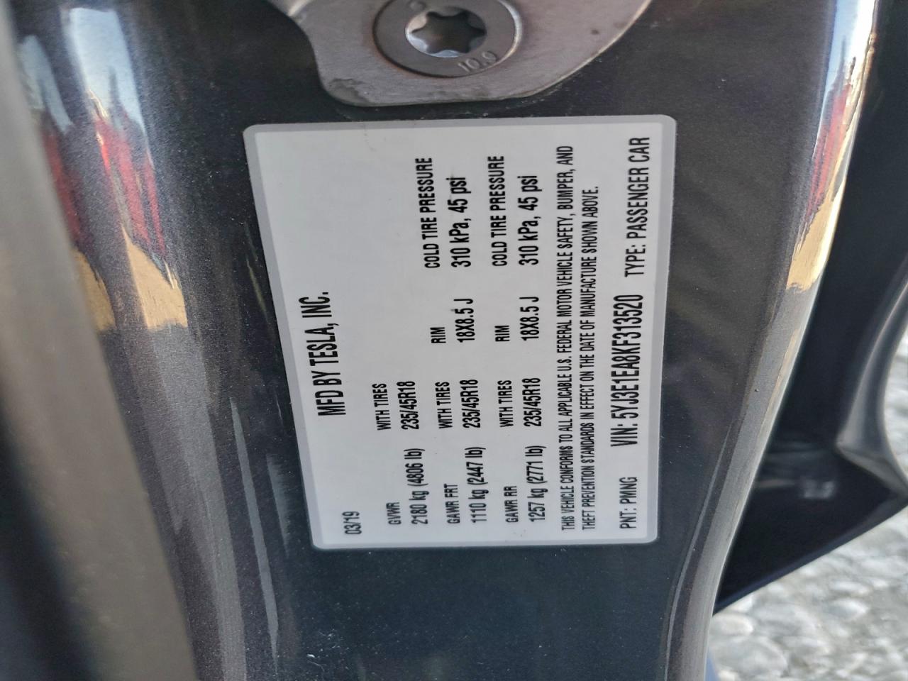 2019 Tesla Model 3 VIN: 5YJ3E1EA8KF313520 Lot: 95839855