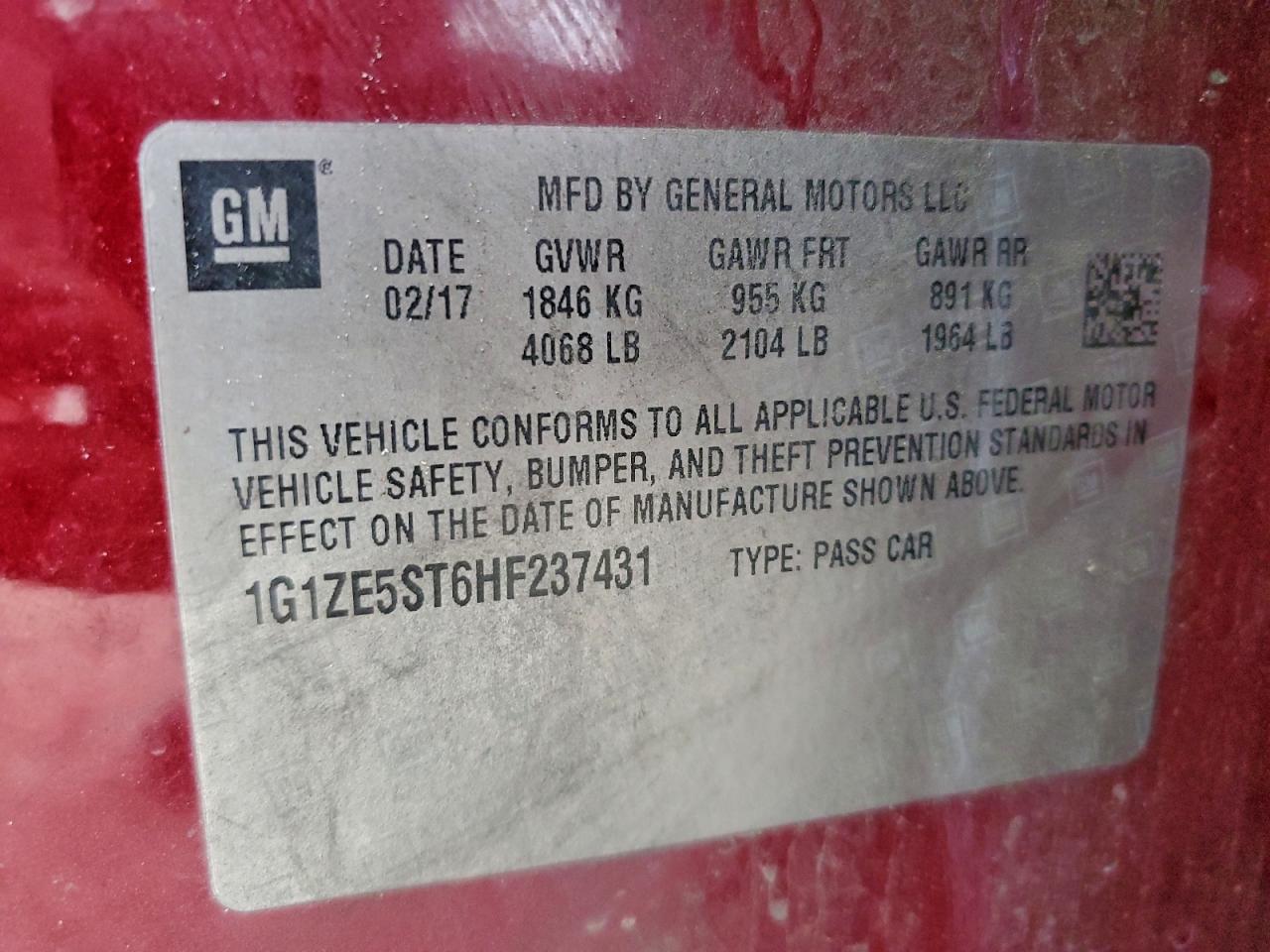 2017 Chevrolet Malibu Lt VIN: 1G1ZE5ST6HF237431 Lot: 94304235