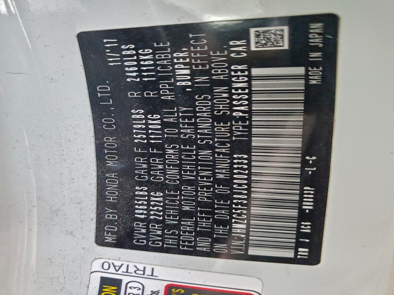 2018 Honda Clarity Touring VIN: JHMZC5F38JC002333 Lot: 94794965