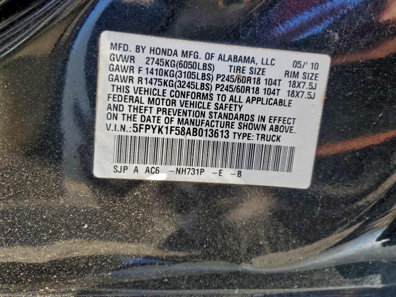 2010 Honda Ridgeline Rtl VIN: 5FPYK1F58AB013613 Lot: 96919045