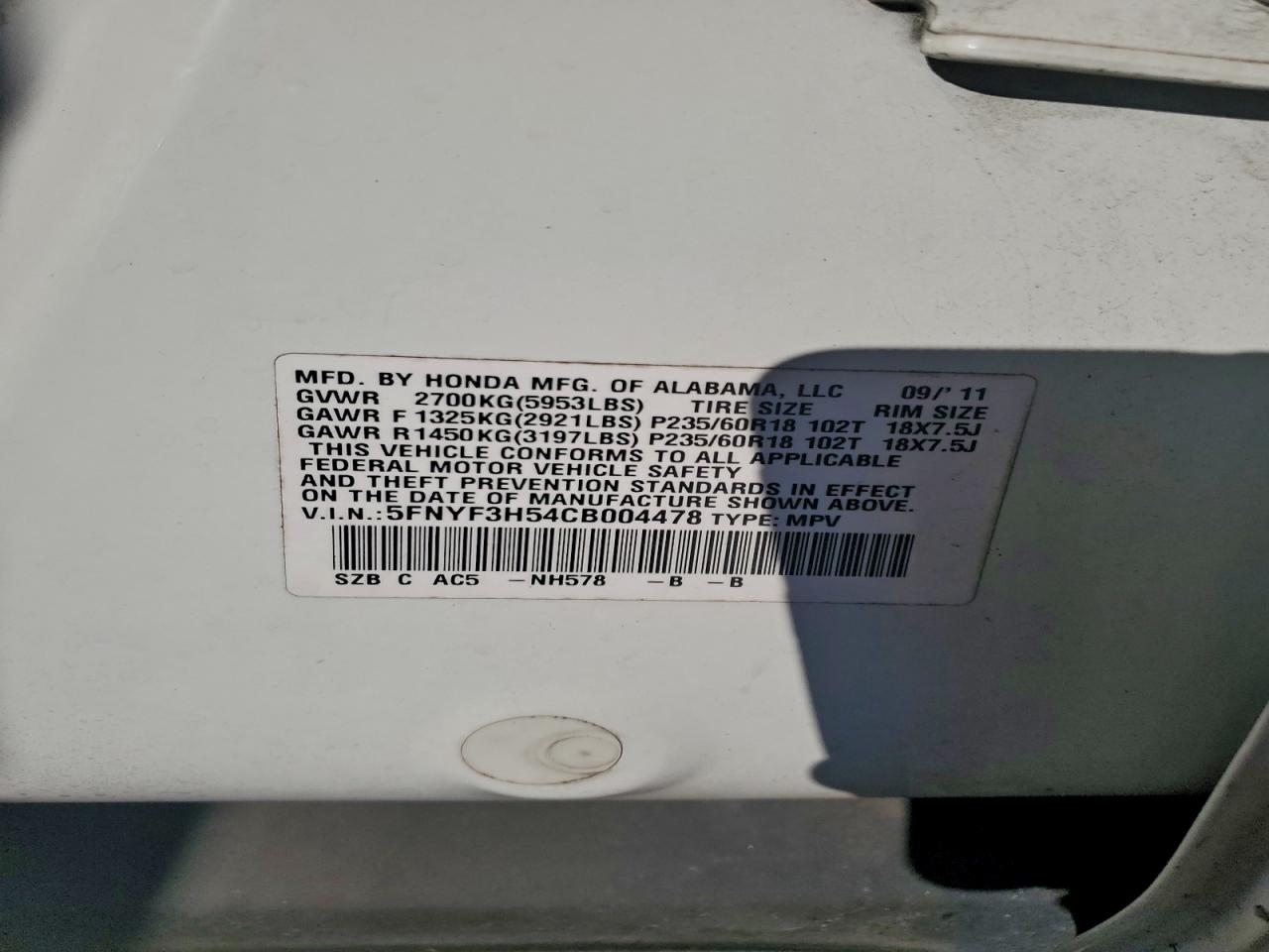 2012 Honda Pilot Exl VIN: 5FNYF3H54CB004478 Lot: 95770615