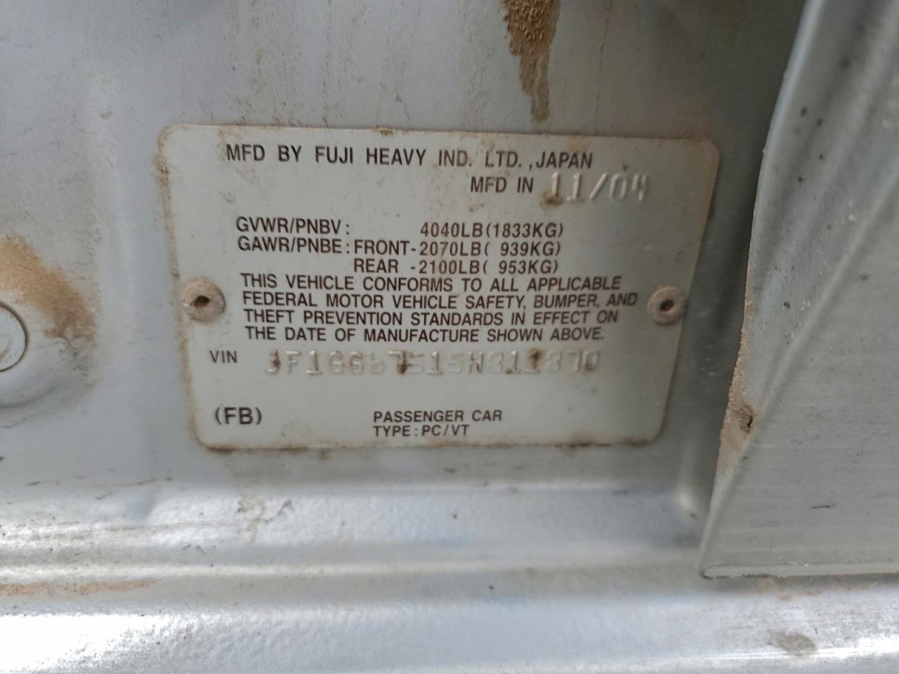 2005 Subaru Impreza Rs VIN: JF1GG67515H811870 Lot: 96928075