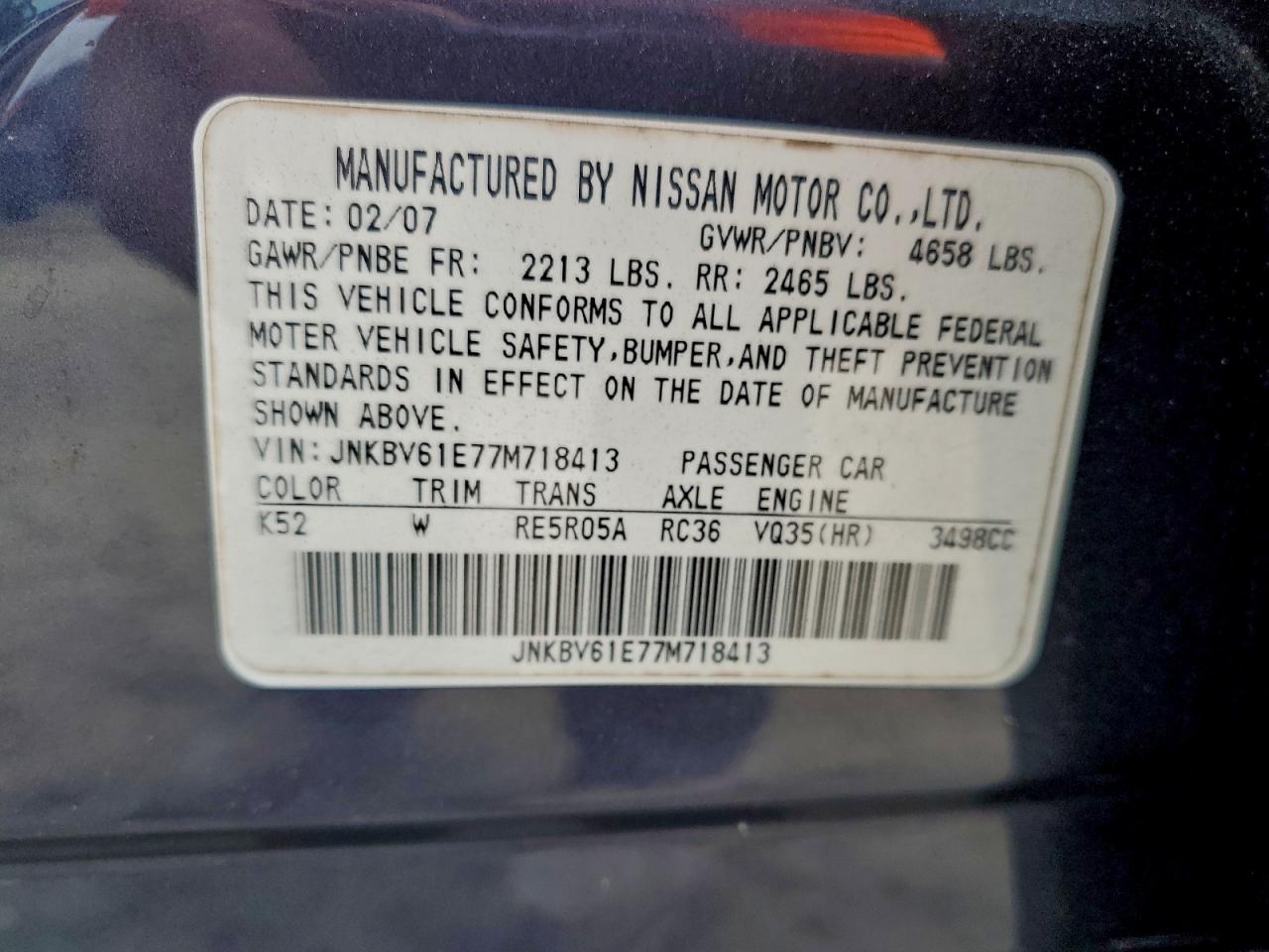 2007 Infiniti G35 VIN: JNKBV61E77M718413 Lot: 96168825